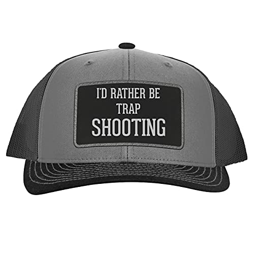 I’d Rather Be Trap Shooting – Leather Black Patch Engraved Trucker Hat, Grey-Steel, One Size