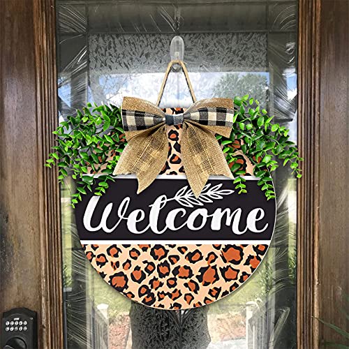 Autumn Decorations Leopard Wreath with Bow Indoor Outdoor – Halloween Leopard Welcome Sign Decorative for Front Door Wall Home Garden Decor