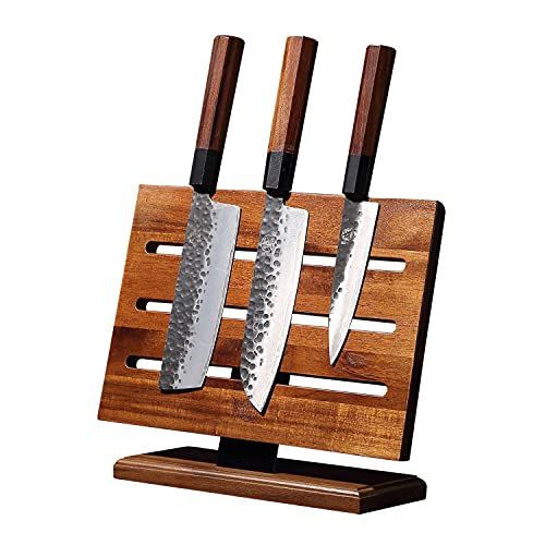 MITSUMOTO SAKARI Kitchen Magnetic Knife Block Holder, Japanese Acacia Wood Storage Knife Tool Holder, Enhanced Double-Sided Magnetic Strip Wooden Knife Holder