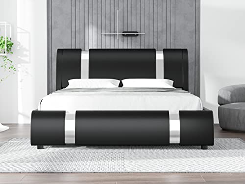 Einfach Low Profile Queen Platform Bed Frame with Adjustable Headboard / Deluxe Solid Upholstered Modern Bed Without Box Spring / Faux Leather and Strong Wood slats, Black