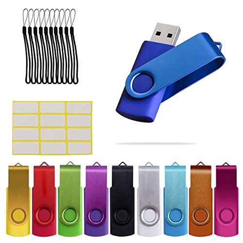 Uflatek 64GB USB 2.0 Flash Memory Stick Drive Swivel Thumb Drives Bulk 10 Pack, with LED Indicator, 12 x Removable White Labels and Lanyards (Multicoloured)
