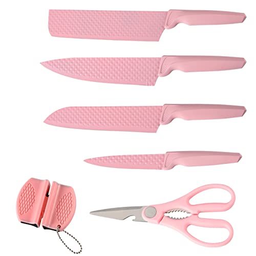 CHUYIREN Pink Knife Set of 6, Stainless Steel Kitchen Knives Sets Color with Gift Box, Chef Knife Set Nonstick for Off to College, Daily Use, Camping, Hiking, Picnicking and BBQ, Graduation Gift