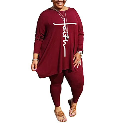 Nhicdns Plus Size 2 Piece Outfits for Women Tracksuit Long Sleeve Tops Bodycon Long Pants Set Casual Sweatsuit