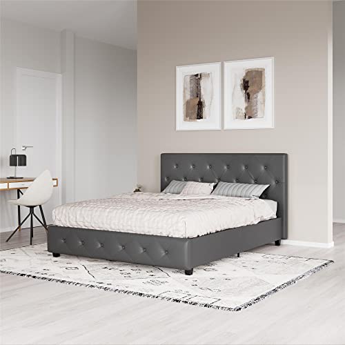 DHP Dakota Upholstered Platform Bed with Diamond Button Tufted Headboard and Footboard, No Box Spring Needed, Queen, Gray Faux Leather