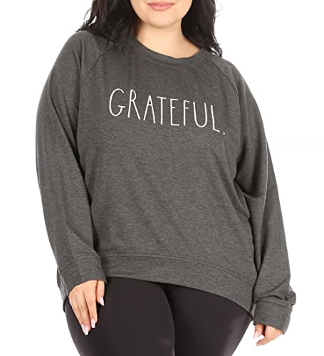 Rae Dunn Plus Size Sweaters for Women, Grateful Crewneck Polyester Rayon Spandex Pullover Long Sleeve Raglan, Plus Size Fashion, Charcoal Gray, 2X
