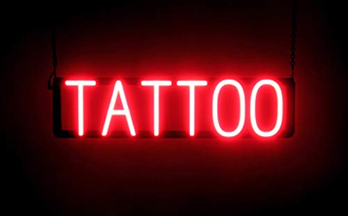 SpellBrite TATTOO Neon-LED Sign for Business. 24.1″ x 6.3″ Ultra Bright, Energy Efficient, Long-Life LED. Visible Indoors from 500+ Feet with 8 Animation Settings (Red)