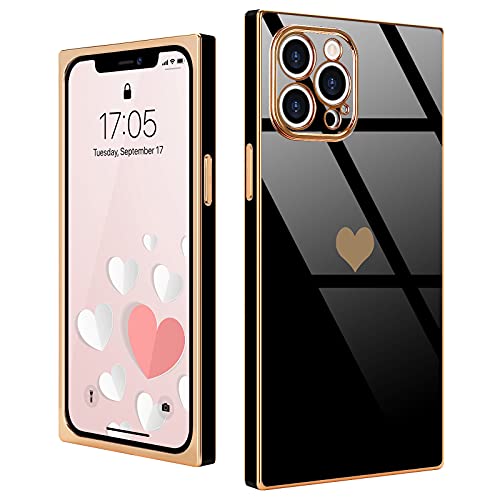 Urarssa Compatible with iPhone 12 Pro Case Cute Plating Gold Love Heart Square Case for Women Girls Shockproof Raised Full Camera Protection Electroplate Bumper Cover for iPhone 12 Pro, Black