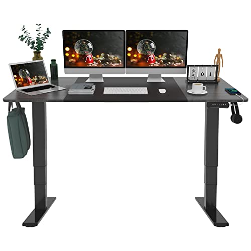 FLEXISPOT EP4 Classic Electric Standing Desk 63″x30″ Inches Dual Motor 3 Stages Height Adjustable Desk Stand Up Desk with USB Charging Port and Hooks Sit Stand Desk, Black Frame & Black/Greystone Top