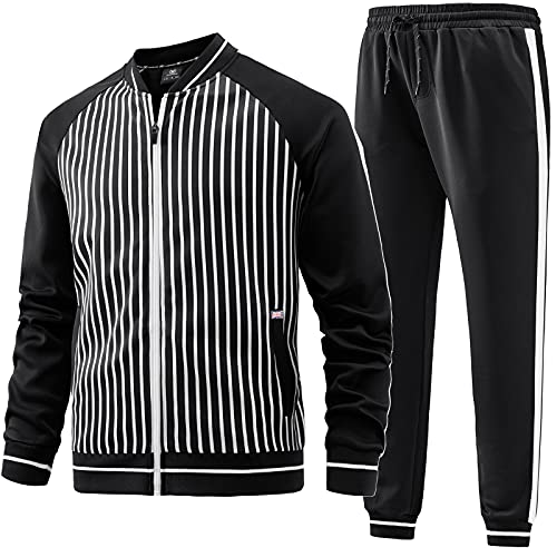 W JIANWANG Mens Track Suits 2 Piece Tracksuits Sweatsuits Set Jogging Suit Fashion Casual Workout Running Sports Jacket and Pants Outfits Black JW-064-L