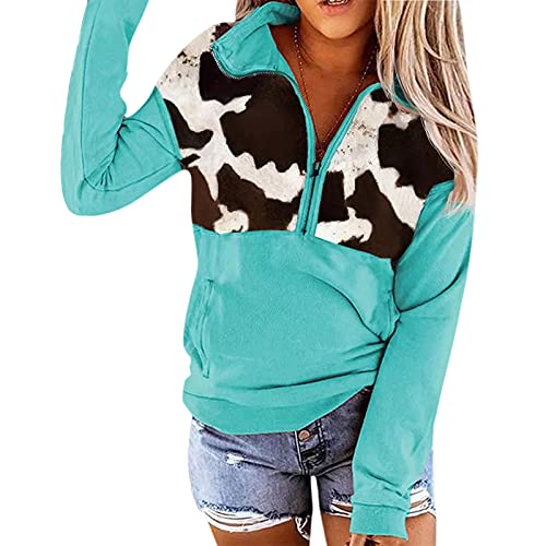 Hemlock Women 1/4 Zipper Pullovers Cow Print Tops Long Sleeve Sweatshirts Sweater Tunic Blouse Fall Top Outwear Green