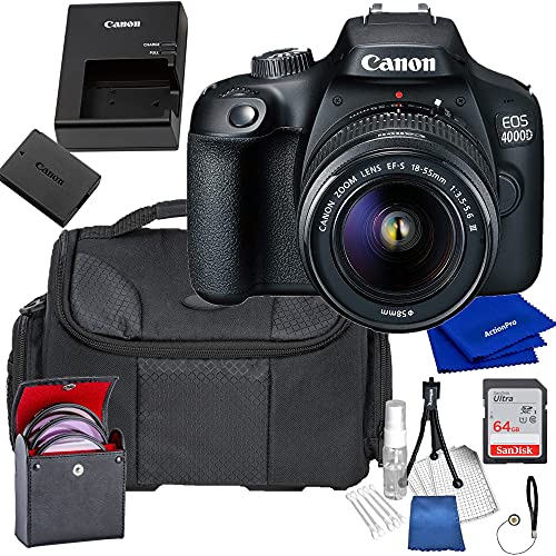 Canon Intl. Canon EOS 4000D DSLR Camera with Canon EF-S 18-55mm F/3.5-5.6 III Lens, ActionPro Bundle Includes 64 GB Memory Card, Bag Filters and More (Small Kit)