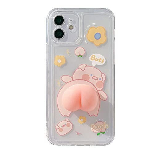BONTOUJOUR Phone Case for iPhone 13, Funny Novelty Waving 3D Squeezable Peach Butt Piggy Pattern Happy Pig Case Transparent Soft TPU Silicone Rubber Case Help Relax
