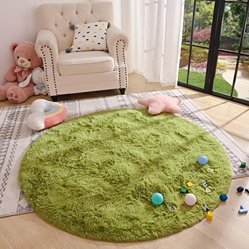 DweIke Fluffy Round Rugs, 5×5 Feet Green Circle Carpets for Bedroom, Soft Circular Rug for Teen Girls Kids Room, Cute Fuzzy Plush Rug for Living Room, Shaggy Carpets for Nursery Dorm Decor, Green