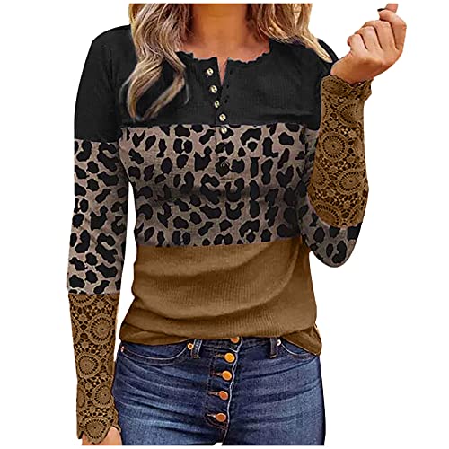 Womens Leopard Print Button Color Block Tops Sweaters Fashion Casual Lace Sleeve Loose Sweatshirts Blouse
