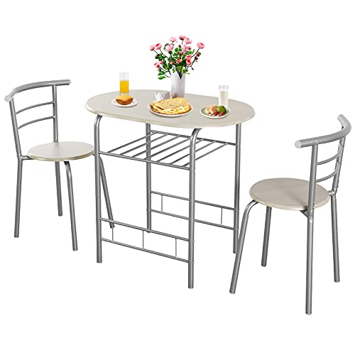 COSTWAY 3 Piece Dining Table Set for 2, Modern Round Table Set with 2 Stools, Pub Table and Chairs Dining Set with Built in Storage Layer, Space Saving for Kitchen, Apartment and Dining Room (Gray)