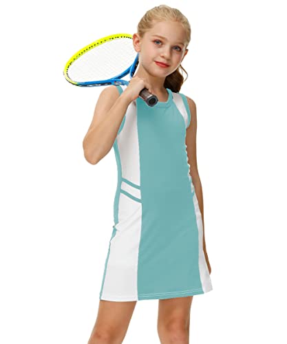 AOBUTE Girls Tennis Outfit Sports Dress Athletic Golf Color Block Sportswear with Shorts Light Green 9-10Years