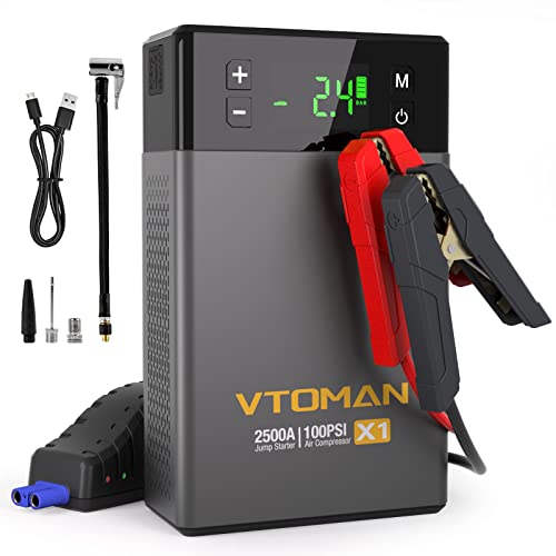 VTOMAN X1 Jump Starter with Air Compressor, 2500A Battery Starter with 100PSI Digital Tire Inflator, 12V Lithium Jump Box for Vehicles, LIFEBMS Car Battery Booster for 8.5L Gas or 6.0L Diesel Engines