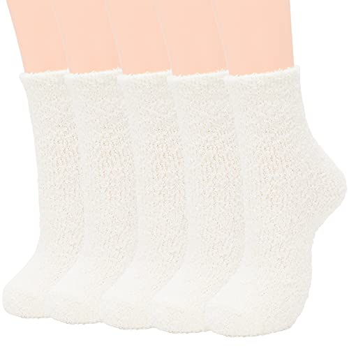 Zando Plush Slipper Socks Warm Winter Socks White Socks Sleep Sofa Slipper Socks Cute Fuzzy Socks Plush Crew Socks Fluffy Ankle Socks Thick Bed Socks Gifts for Women D 5/Pure White One Size