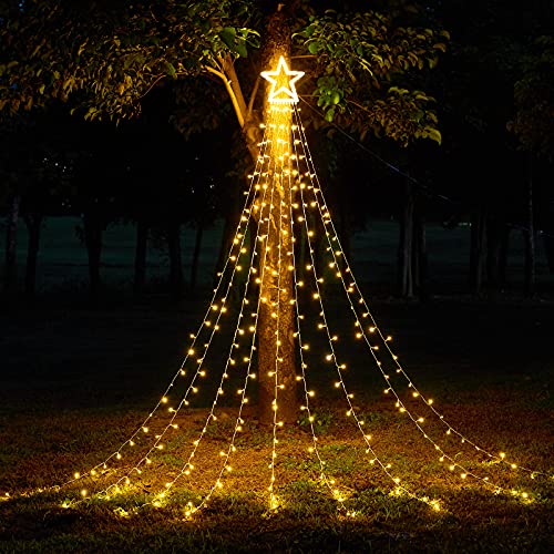Christmas Decorations Star String Lights, 317 LED Waterfall Tree Fairy Lights with Top Star, 8 Modes Waterproof Indoor and Outdoor Decor Lights for Patio Holiday Wedding Party Decor (Warm White)