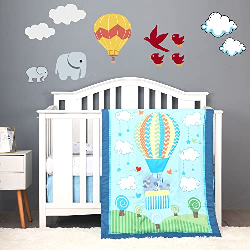 Baby Bees 4 Pieces Balloon Safari Crib Bedding Sets for Boys and Girls | Set of Fitted Sheet, Quilt, Dust Ruffle & Pillow Cover Standard Size Crib, Elephant, Blue