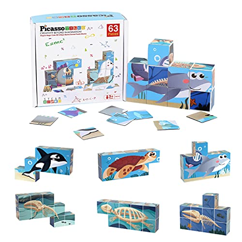 PicassoTiles 1” Magnetic Puzzle Cubes for Kids, 3D Sea Ocean Animal 63pcs Exploration Blocks, Kids Focus Learning & Stacking Toys, STEM Educational Preschool Toddler Classroom Activity, Boys Girls