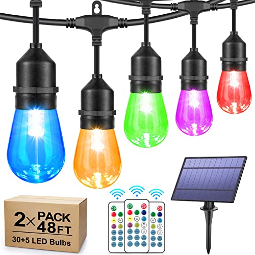 Mlambert 2-Pack Each 48FT RGB Solar String Lights Outdoor, Dimmable Color Changing Patio Lights with Remotes,30+5 Waterproof Shatterproof LED Bulbs, Colorful Solar Patio Lights