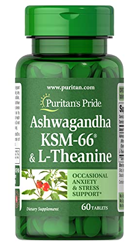 Puritan’s Pride Ashwangandha KSM66 & L-Theanine, Helps Relieve occassional Stress and Anxiety, 60 Count, White