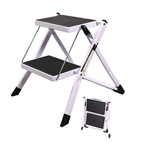 Varbucamp Step Ladder 2 Step Folding, Lightweight Portable Small 2 Step Ladder with Sturdy Wide Pedal for Kitchen and Household, White