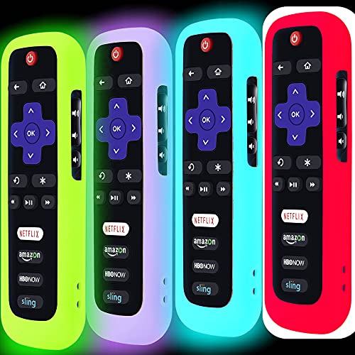 4 Pack Remote Case for Roku, Battery Cover for TCL Roku Smart TV Steaming Stick Remote, Roku TV Remote Cover Silicone Protective Controller Universal Sleeve Skin Glow in the Dark Green Blue Purple Red