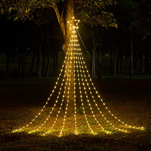 Christmas Decorations Star String Lights, 290 LED Waterfall Tree Lights with 11″ Topper Star Christmas Lights Indoor Outdoor Decorative for Wedding Yard Party Home Holiday Decor (Warm White)