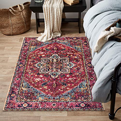 LEEVAN Oriental Floral Area Rug 3×5 Persian Distressed Living Room Throw Rug Boho Trible Indoor Washable Accent Rug Faux Wool Non-Slip Collection Floor Carpets for Sofa Dining Room Bedroom-Red