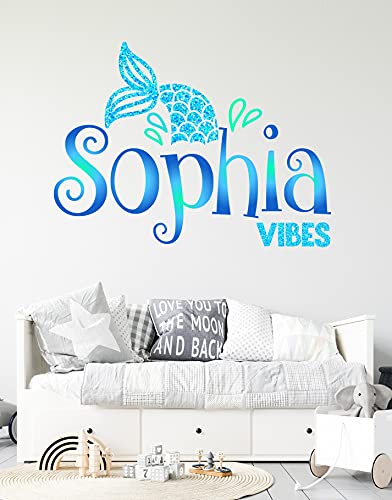 Mermaid Custom Name Wall Decal – Girls Personalized Name Mermaid Tail Wall Sticker – Sparkle Mermaid Wall Decor – Girls Personalize Name Wall Art Sticker – Wall Decal for Nursery Playroom Bedroom Decoration (Wide 15″x11″ Height)