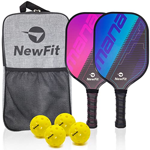 NewFit Mana Pickleball Paddles – Pickleball Paddle Set of 2 with Bag and Four Pickleballs – Graphite Face & Honeycomb Polymer Core for a Quiet and Light Pickleball Racket (Blue-Pink)…