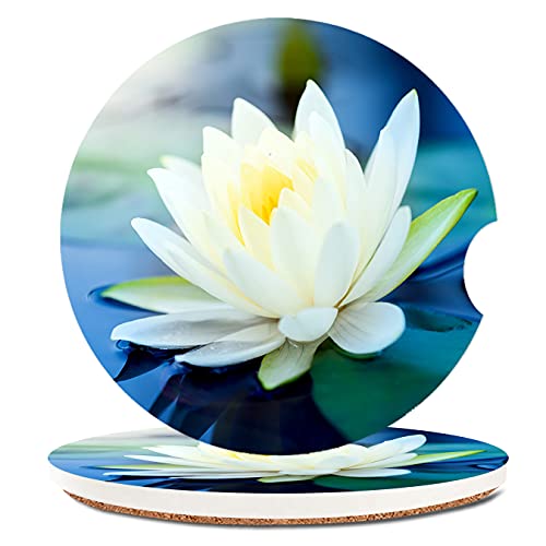 Removable Ceramic Cup Holders Car Coasters for Women,Floral Design Absorbent Drink Cup Car Holder Coasters Auto Accessories with A Finger Notch 2.56″ Pack of 2,Beautiful Lotus Flower Pattern