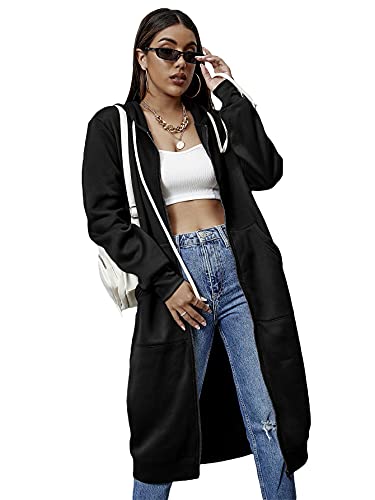 SheIn Women’s Zip Up Long Hoodie Pocket Drawstring Basic Zipper Tunic Hooded Sweatshirt Black Large