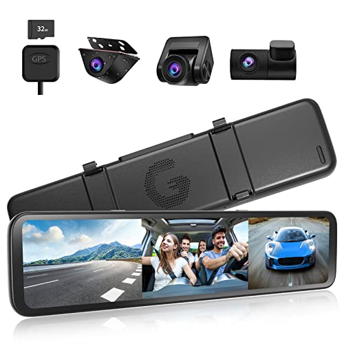 WOLFBOX 3 Channel Mirror Dash Cam 12″ Full HD Rear View Mirror Camera Touch Screen Backup Camera with Detached 1080P Front and Rear View Dual Recording Night Vision GPS Parking Assistance