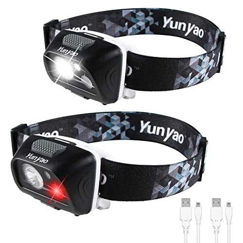 YUNYAO LED Headlamp Rechargeable, 2 Pack Head Lamp Outdoor with White Red Lights, 5 Modes, Waterproof Head Light for Camping Fishing Cycling Running
