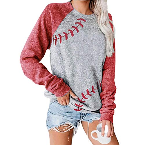 ATACT Women Raglan Long Sleeve Sweatshirts Red Baseball Pullover Tops for Casual Crew Neck Blouse A-red 3X-Large