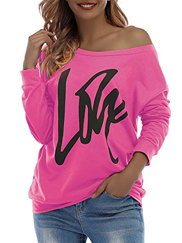 Century Star Women Long Sleeve Sweatshirts Off the Shoulder Sweatshirt Oversized letter Print Sweaters Pullover Casual Shirt Tops Rose Red 3X-Large (Lable Size XX-Large)