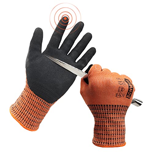 Schwer Highest Level Cut Resistant Gloves for Extreme Protection, ANSI A9 Cutting Gloves with Sandy Nitrile Coated, Touch-screen, Compatible, Durable, Machine Washable, Orange 1 Pair