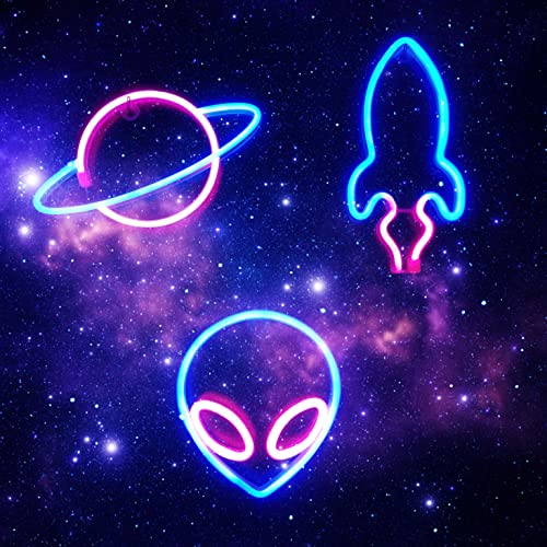 Neon Signs, 3Pcs Space Neon Light for Bedroom, Alien Planet Rocket Led Neon Light Wall Decor Battery and USB Powered for Kids, Children’s Day Bar Party, Living Room Christmas Party Kids