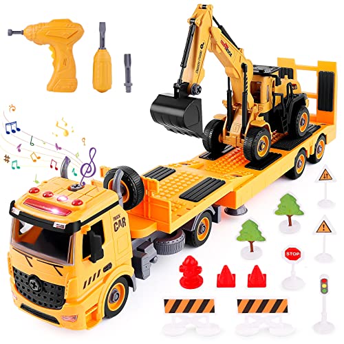 Construction Toys Truck Set for 3 4 5 6 7 Years Old Boys Girls, 106 PCS Take Apart Trailer Truck & Excavator Toy w/ Electric Drill, Friction Power Building Toy Truck Gift for Kids