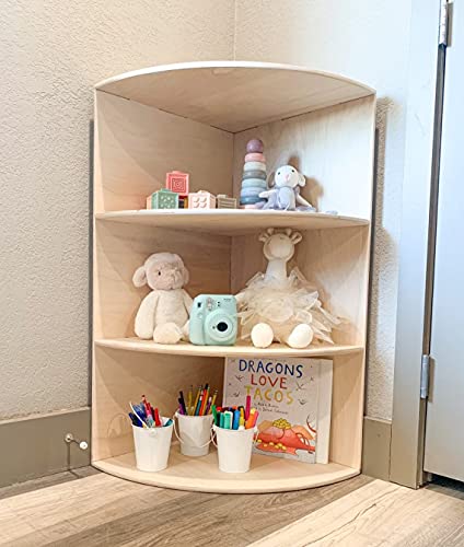 Bush Acres Montessori Corner Toyshelf – Toddler Toy Shelf – Montessori Wooden Furniture – Nursery Gift – with Safety Straps
