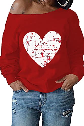 Women’s Pullover Sweaters Long Sleeve Crewneck Cute Heart Sweaters (X-Large, Red-Love)