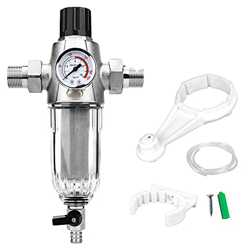 Cxztcl Spin Down Sediment Water Filter 3/4″ 40 Micron Backwash Whole House Inline Prefilter for Municipal Tap Water, Well Water,Adjustable Water Flow Design,Sliver