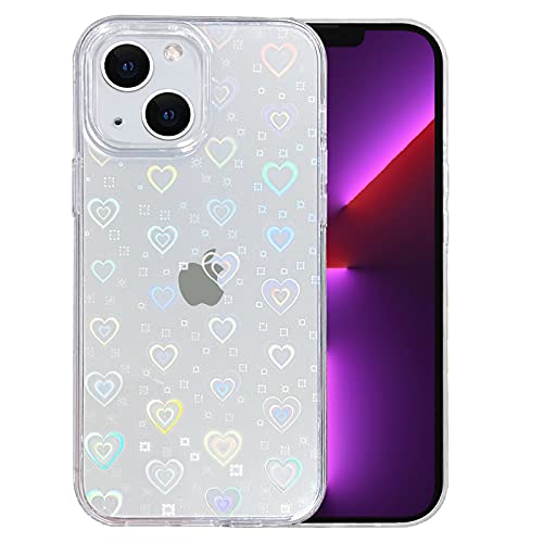 SmoBea Compatible with iPhone 13 Case (No Fit iPhone 13 Pro) Clear Laser Glitter Bling Heart Soft & Flexible TPU and Hard PC Shockproof Case Women Girls Heart Pattern Phone Case (Rainbow Heart/Clear)