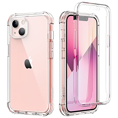 SURITCH Compatible with iPhone 13 Clear Case,[Built in Screen Protector] Full Body Protection Hard Shell+Soft TPU Bumper Shockproof Rugged Cover for iPhone 13 6.1 Inch (Clear)
