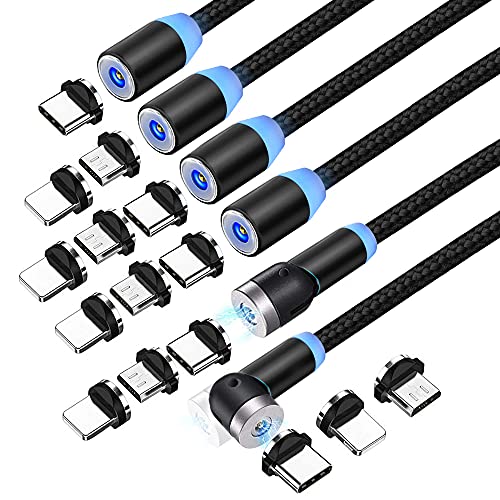 ameow Magnetic Charging Cable (6-Pack 1/3/3/6/6/10ft) Magnetic Cell Phone Cable with LED Light, Charging Cable for Type C, Micro USB and iProduct (Black)