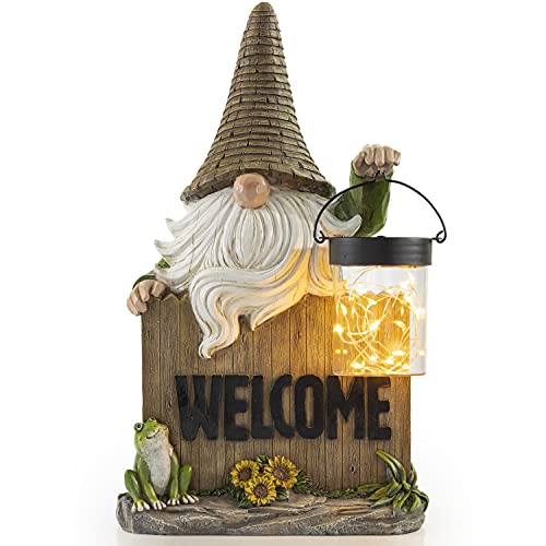 VP Home Welcome Gnome with Lantern and Frog Solar Powered LED Outdoor Decor Garden Light Welcome Gnomes Statues Outdoor Funny Figurine Decor for Outside Patio, Yard, Lawn
