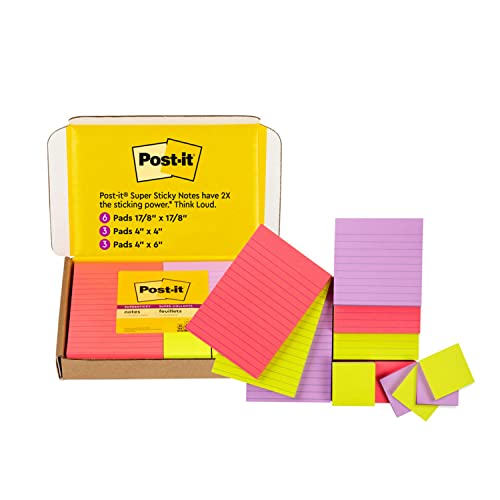 Post-it Super Sticky Notes, Amazon’s Exclusive Color Collection, Guava, Iris, Neon Green, 12 Pads/Pack, 90 Sheets/Pad, Assorted Sizes (4642-12SSMX)